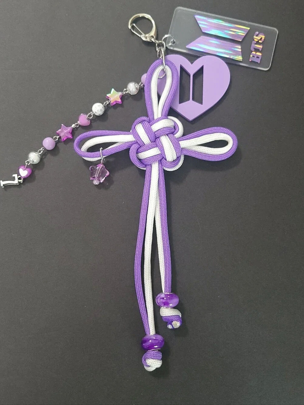BTS Purple & White Knot Tassel Keychain with Heart Charm
